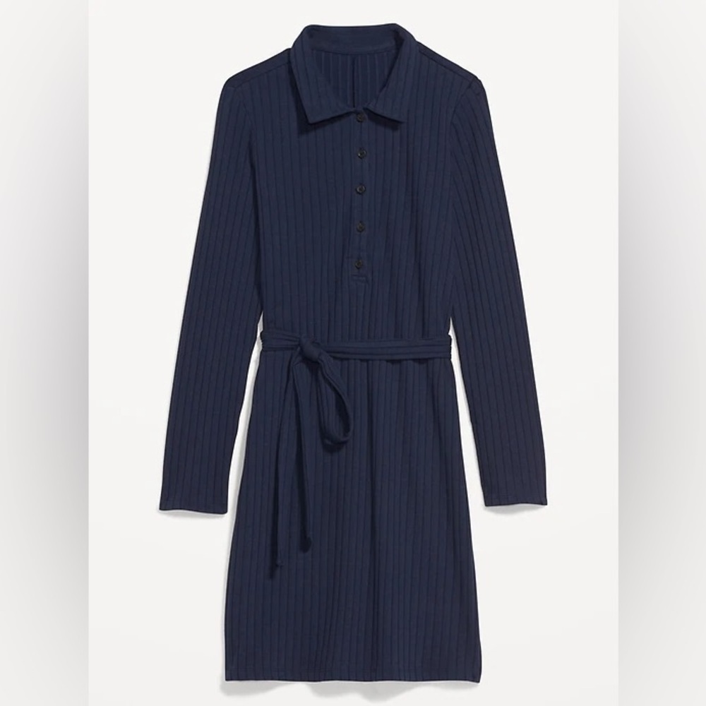 Old Navy Fitted Rib Knit Tie-Belt Long Sleeve Mini Polo Dress Navy Blue sz Med - Picture 4 of 9